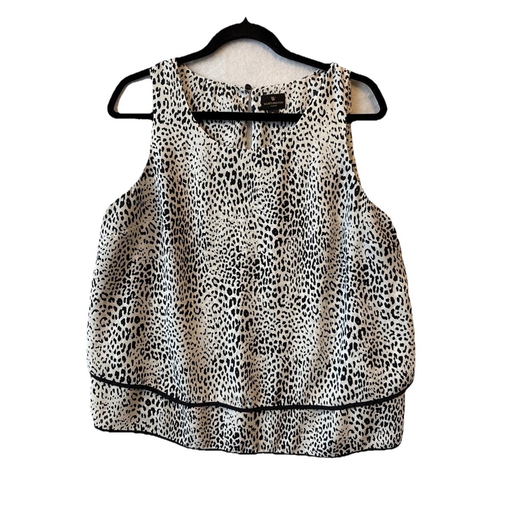 Worthington Leopard Tiered Sleeveless Flowy‎ Top Petite L Boho Chic Edgy Office